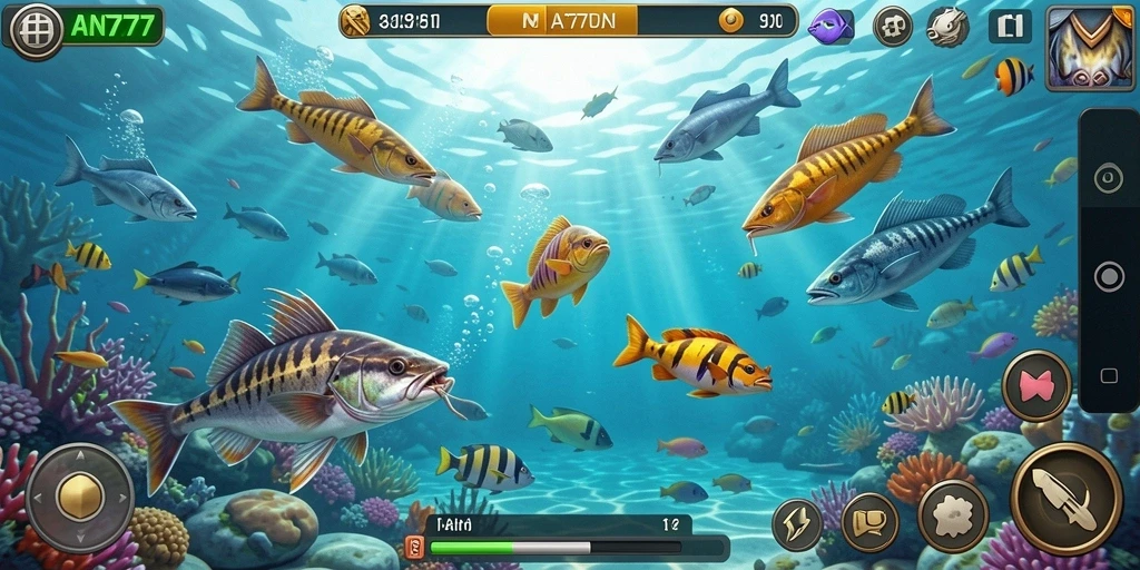 Screenshot gameplay AN777 menunjukkan momen seru menembak ikan.