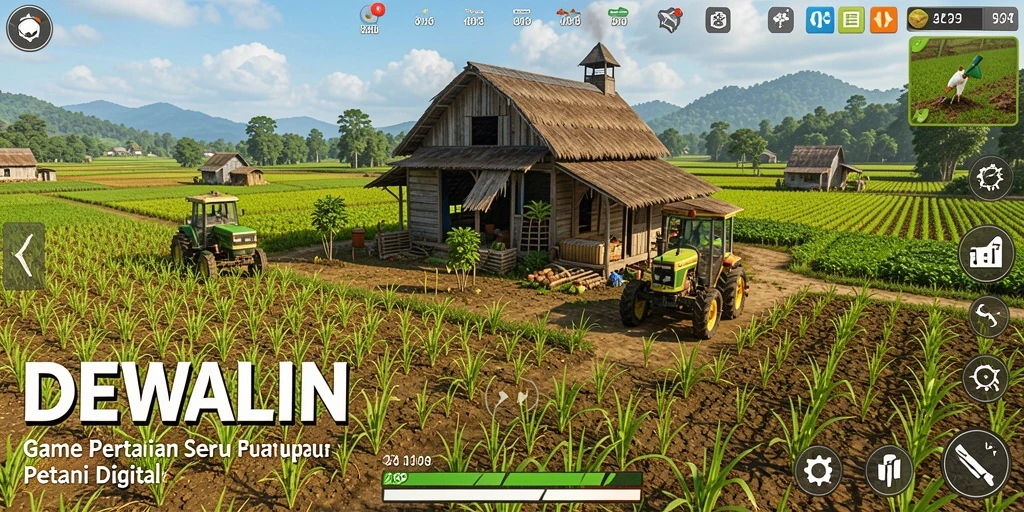 Tampilan gameplay DEWALIN yang memikat dengan ladang hijau.
