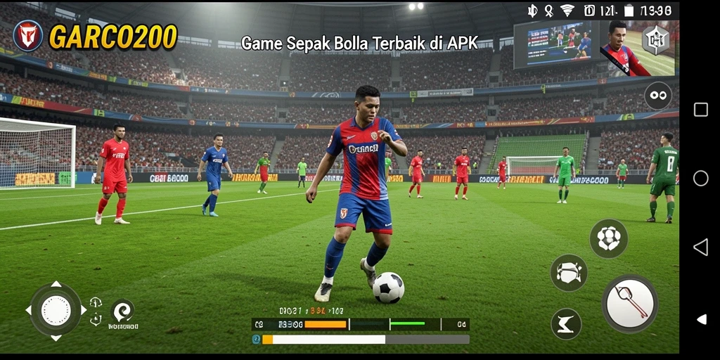 Tangkapan layar menunjukkan aksi seru dalam gameplay sepak bola.