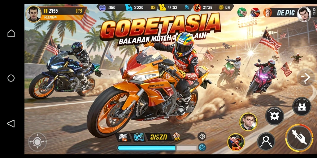 Tampilan gameplay seru dalam GOBETASIA saat balapan motor.