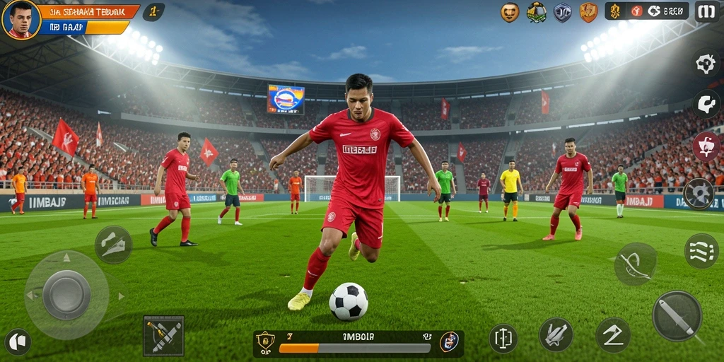 Gameplay IMBAJP yang seru dan penuh aksi pada lapangan sepak bola.