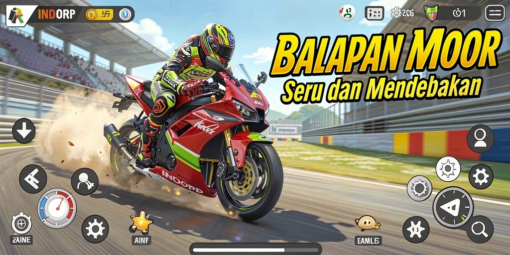 Screenshot utama INDORP dengan aksi balapan motor yang mendebarkan.