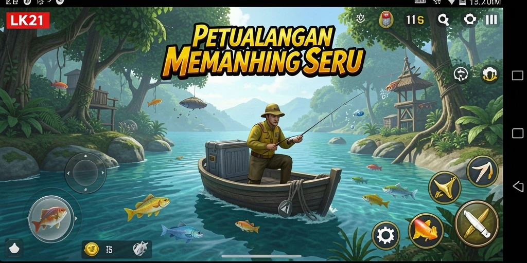 Screenshot gameplay LK21 menunjukkan aksi memancing yang seru.