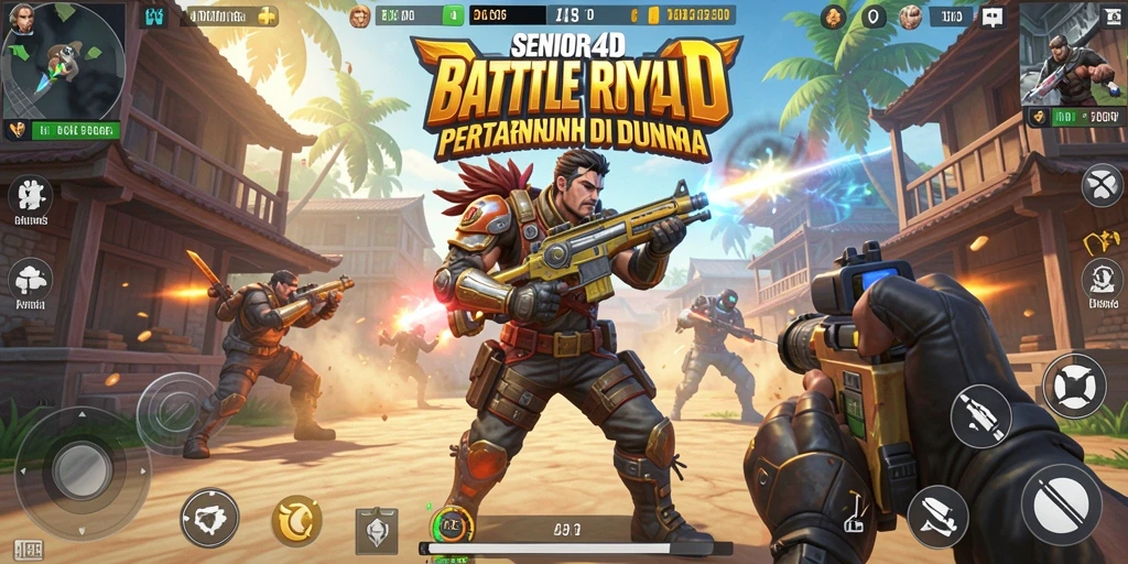 Screenshot menunjukkan aksi intens di medan perang Battle Royale.