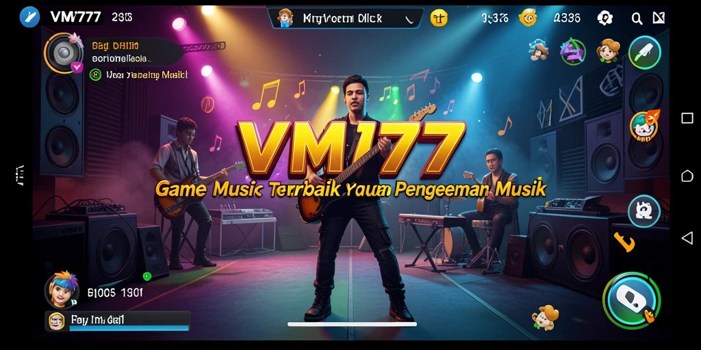 Tampilan gameplay VM777 yang mengasyikkan dengan alat musik virtual.